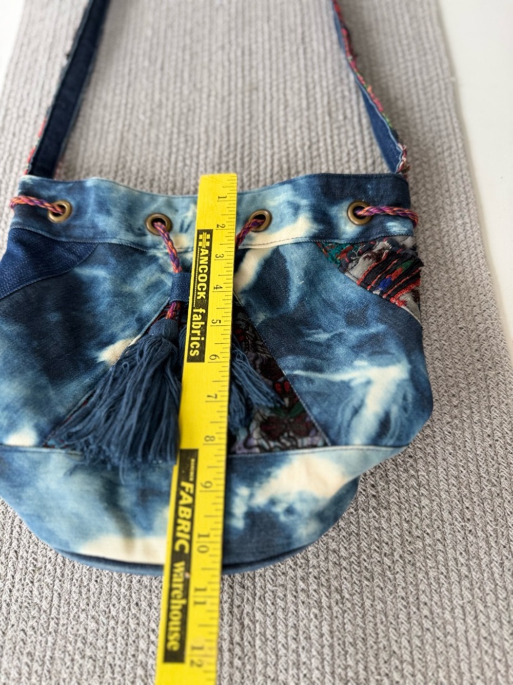 Earthbound Trading Co. Navy Blue Embroidered Fringe Tassel Bucket Bag Crossbody - Picture 6 of 11